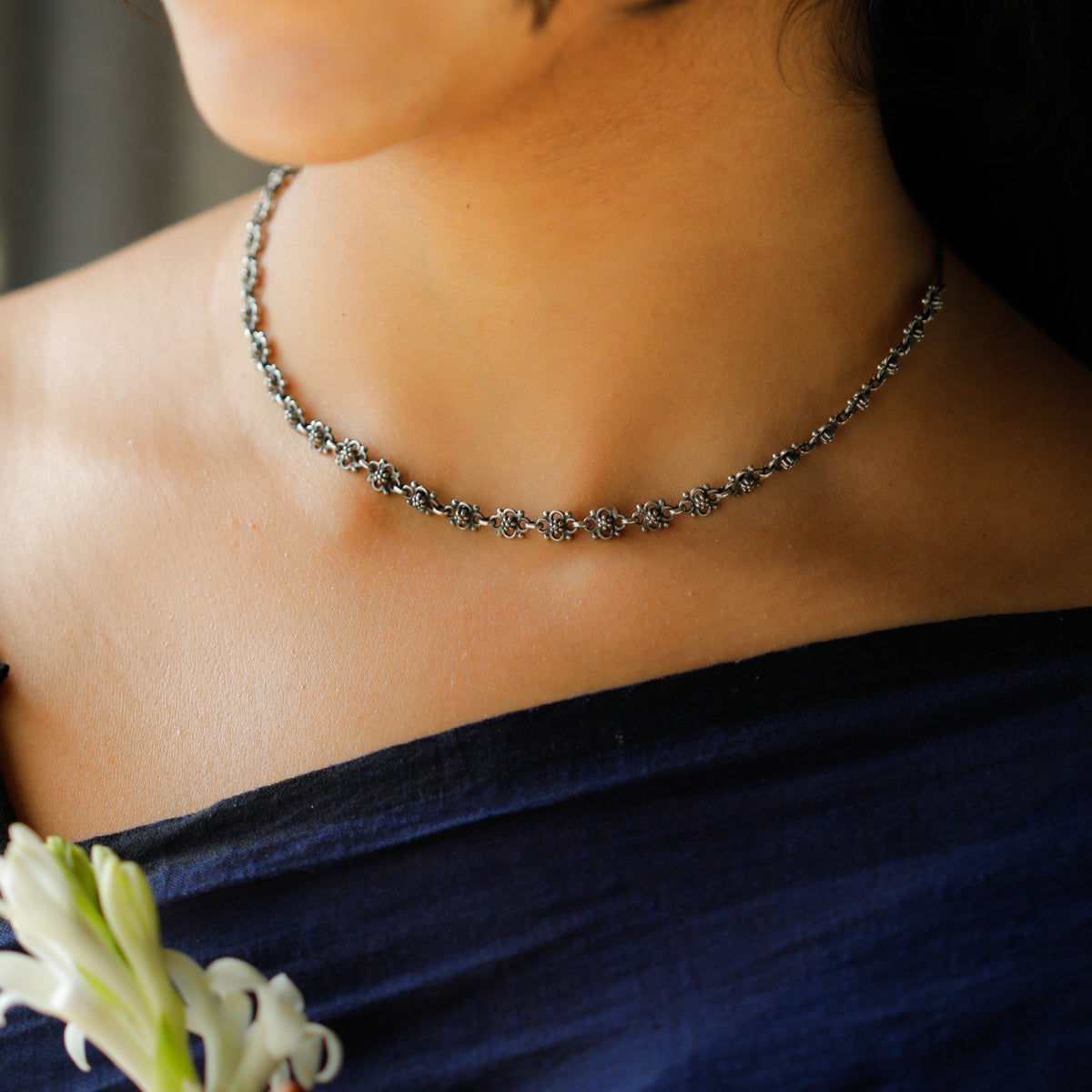 Oxidized Silver Choker Necklace