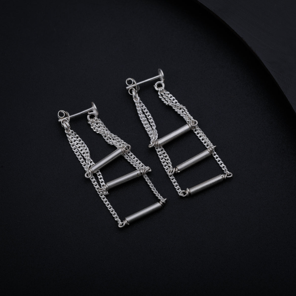 Silver Chain & Pipe Three Layers Earring