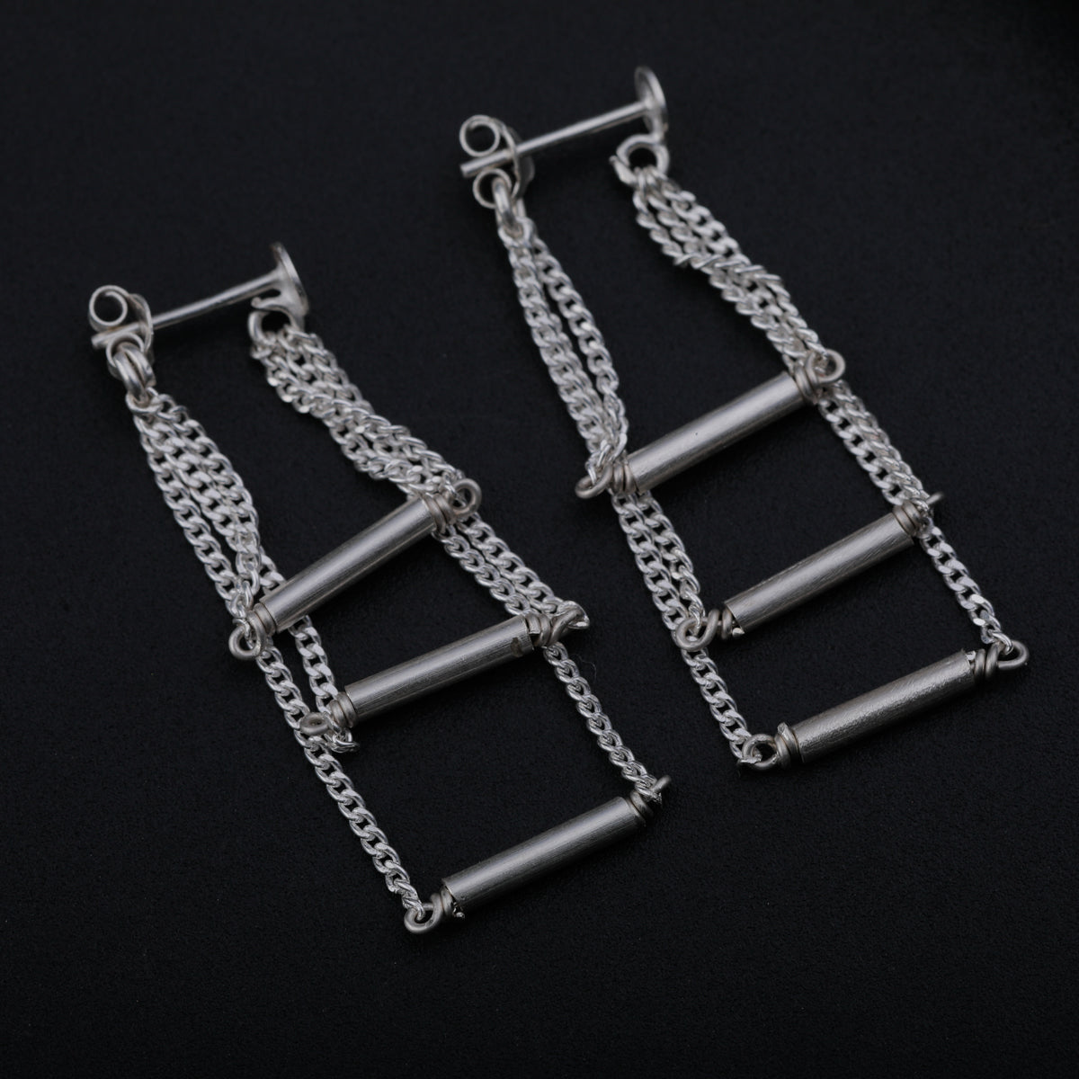 Silver Chain & Pipe Three Layers Earring