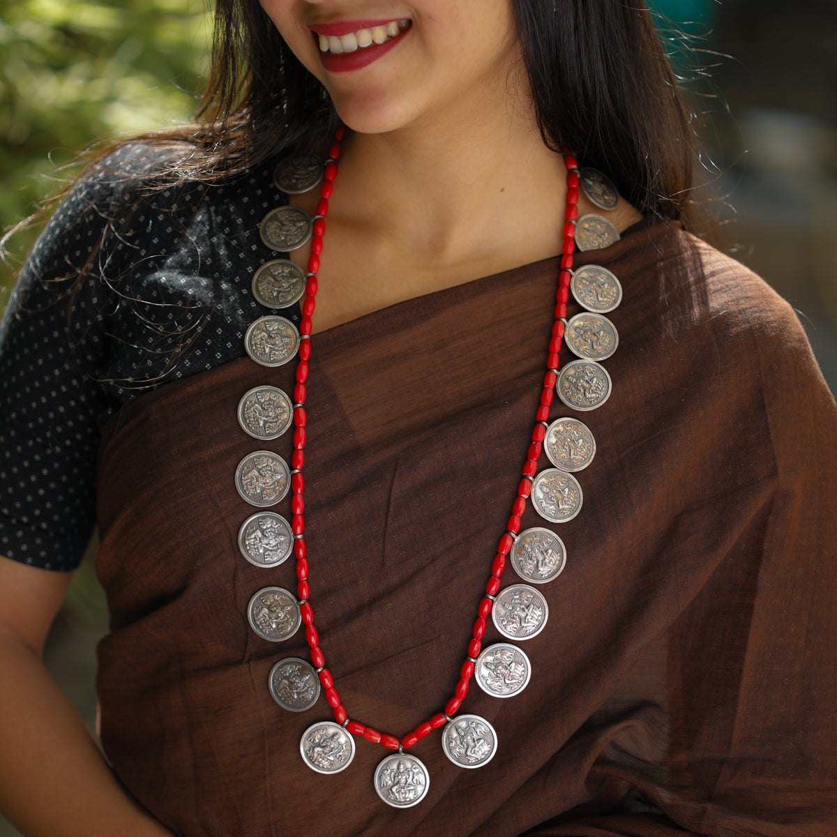 Coral Putali Haar Set: Silver Coin Necklace House of Aadyaa
