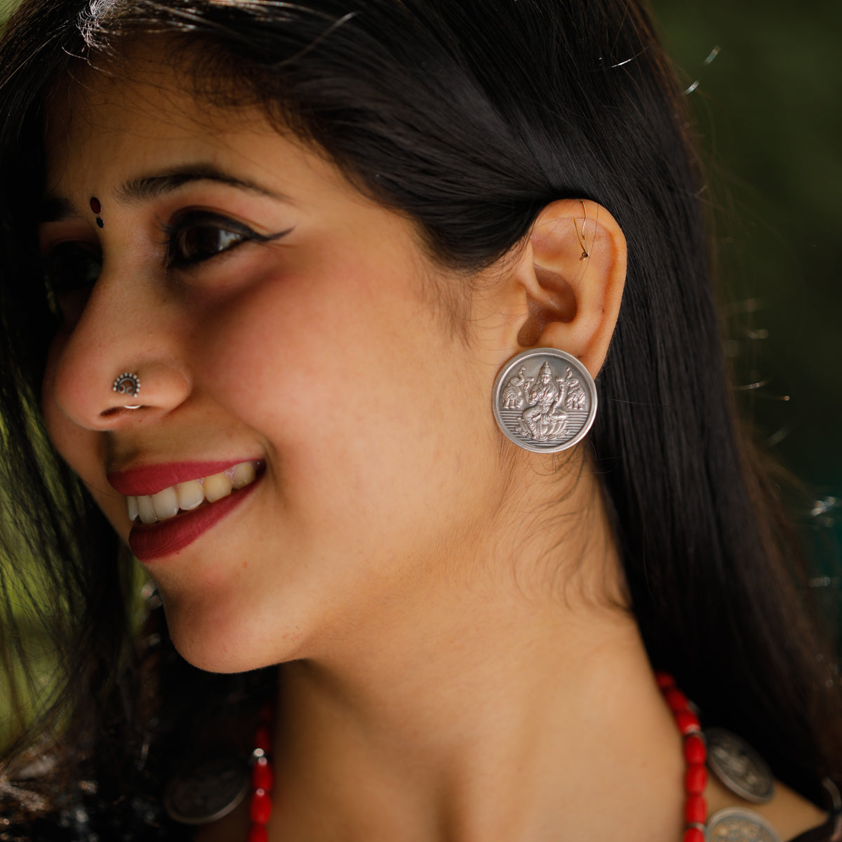 Coral Putali Coin Haar Set: Long ( Coin necklace ) - Oxidised silver