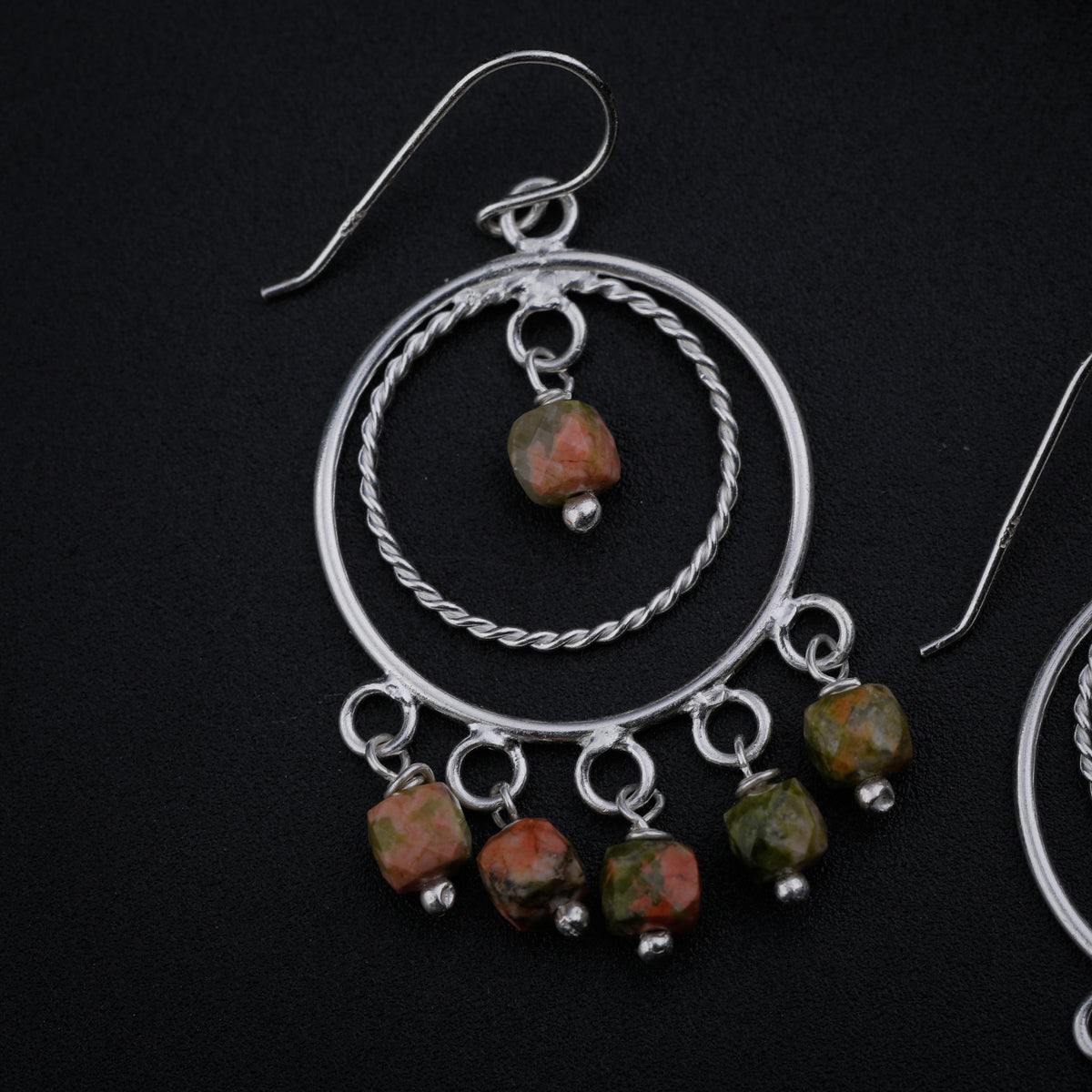 Silver Unakite Chandbali