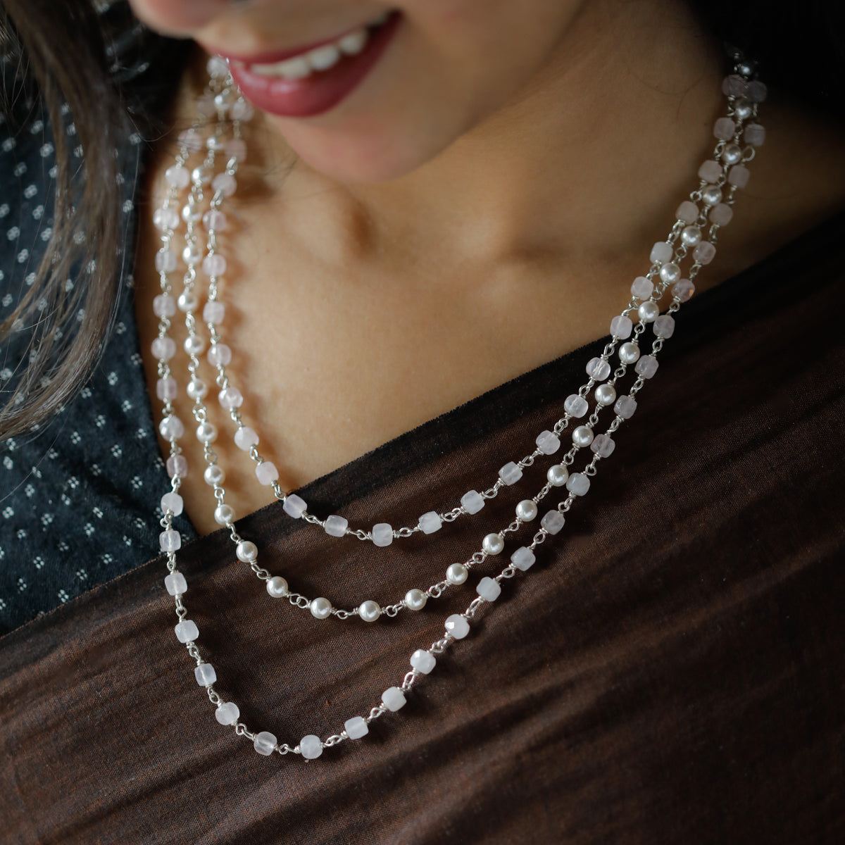 Rose Quartz and Pearls Layered Necklace