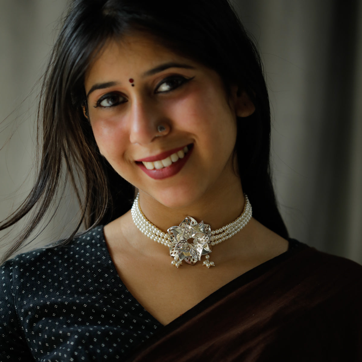 Silver Godavari Motif Choker with Pearls