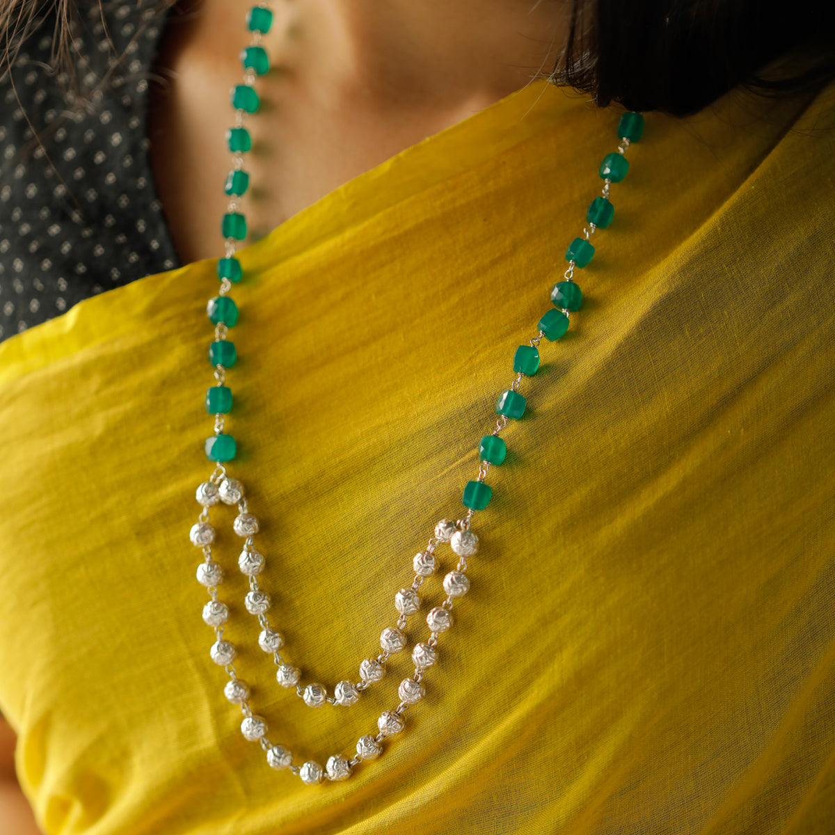 Silver Beads Necklace With Green Onyx