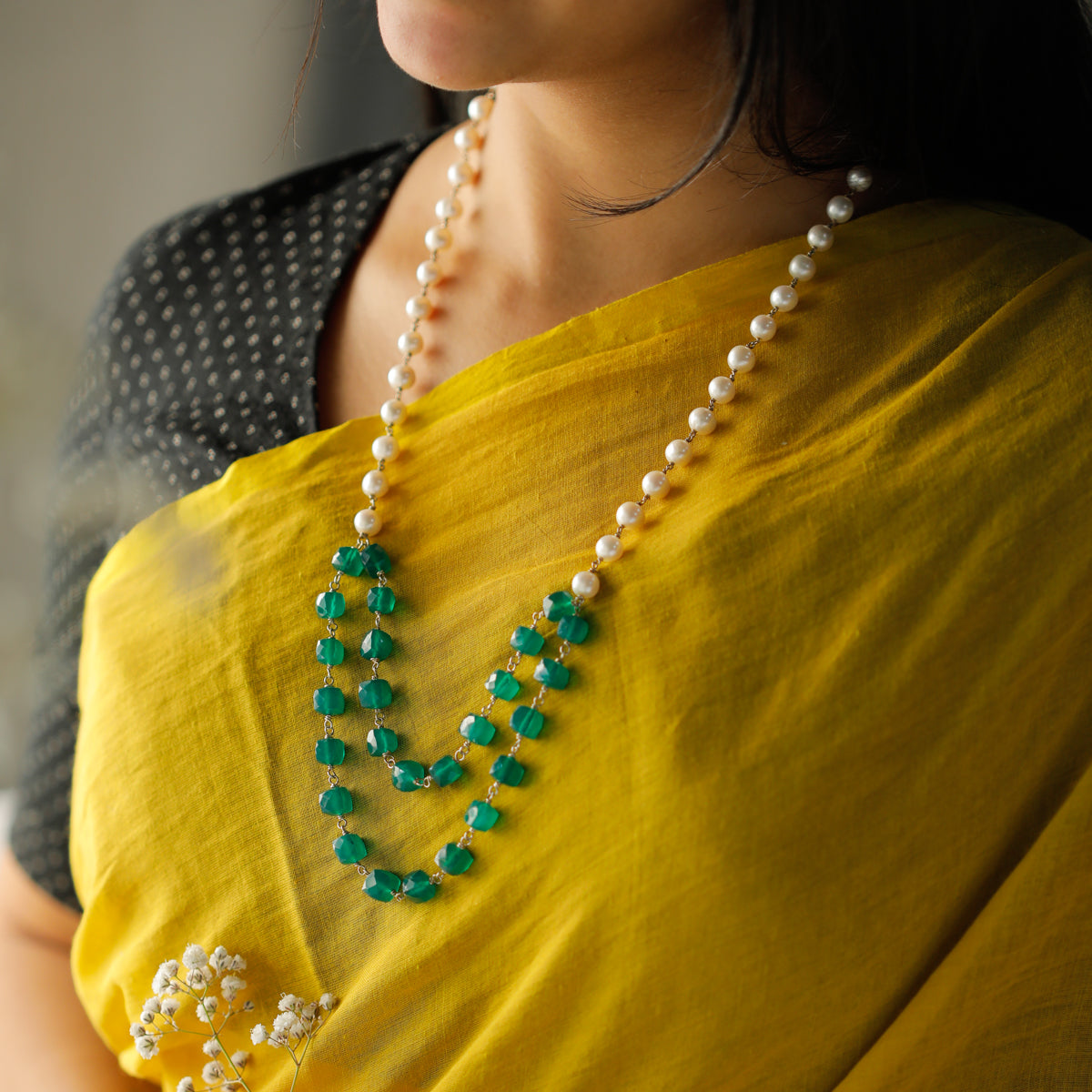 Silver Necklace With Green Onyx and Pearls