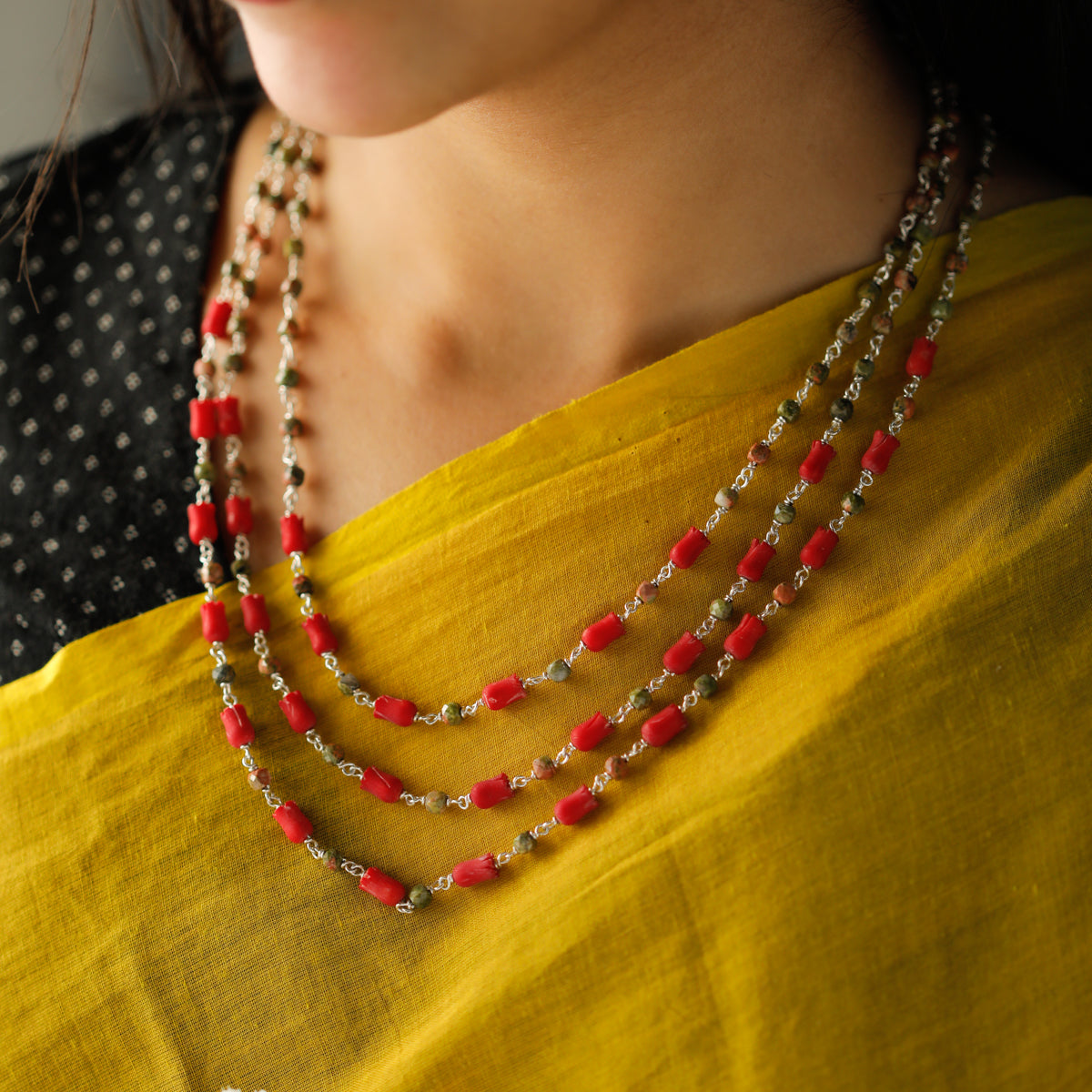 Unakite and Coral Tulips Layered Silver Necklace