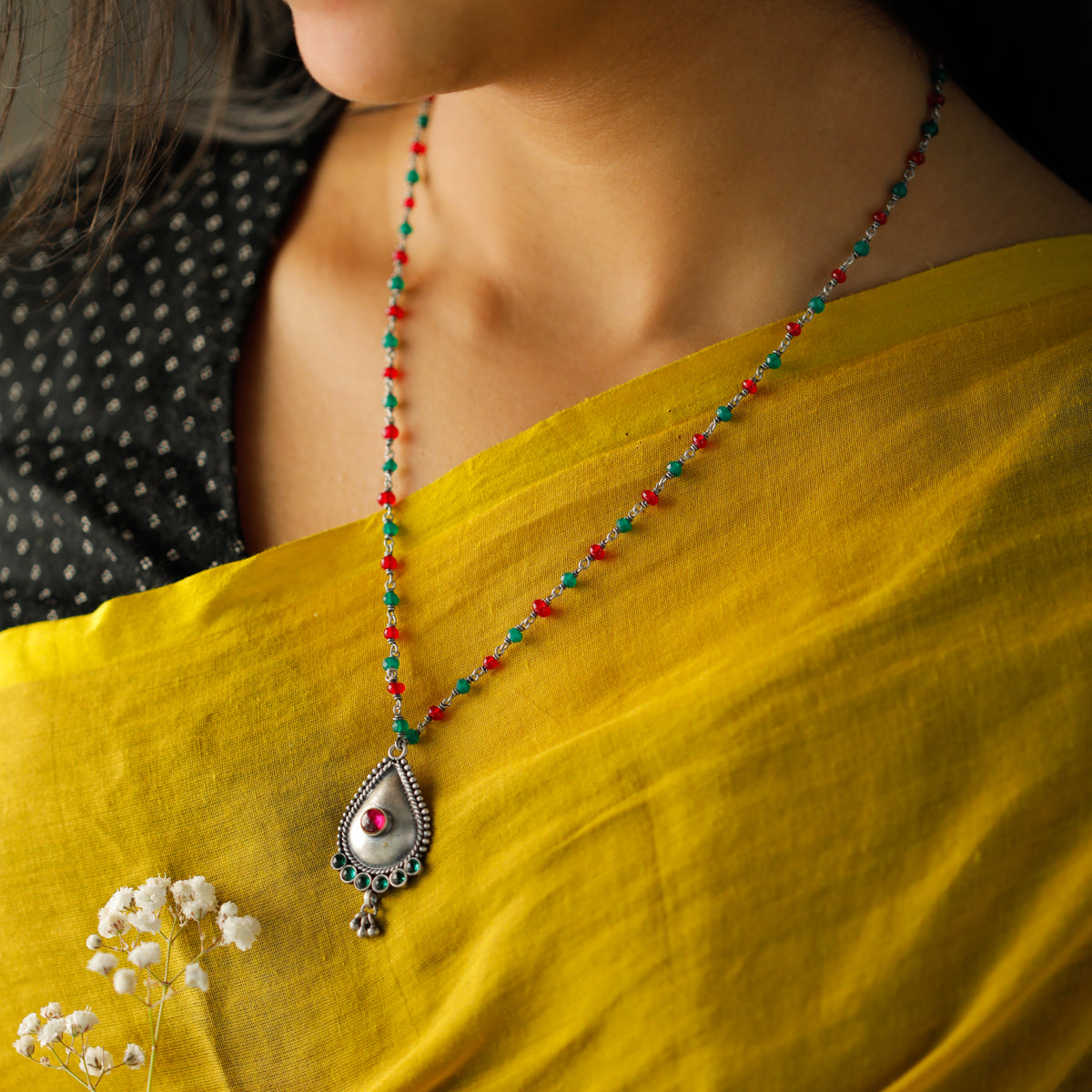 Silver Drop Motif Necklace with Green Onyx and Ruby