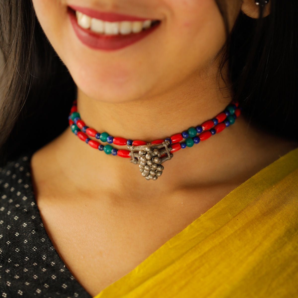 Antique Silver Choker with Green Onyx, Lapis Lazuli and Corals