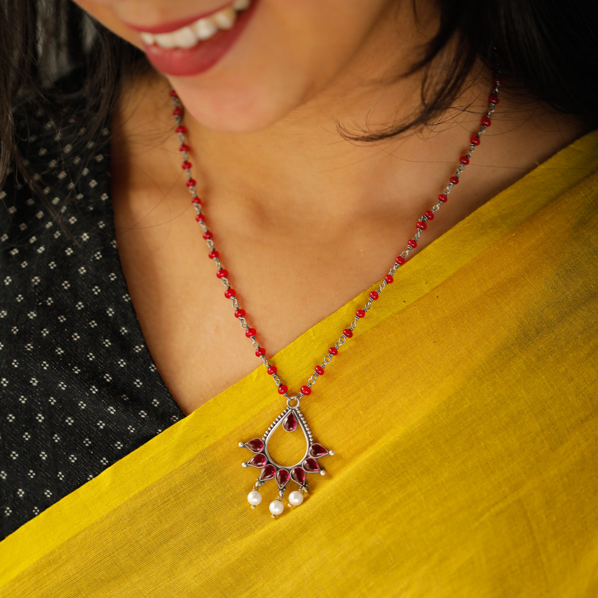 Silver Kempu Stone Pendant Necklace with Ruby