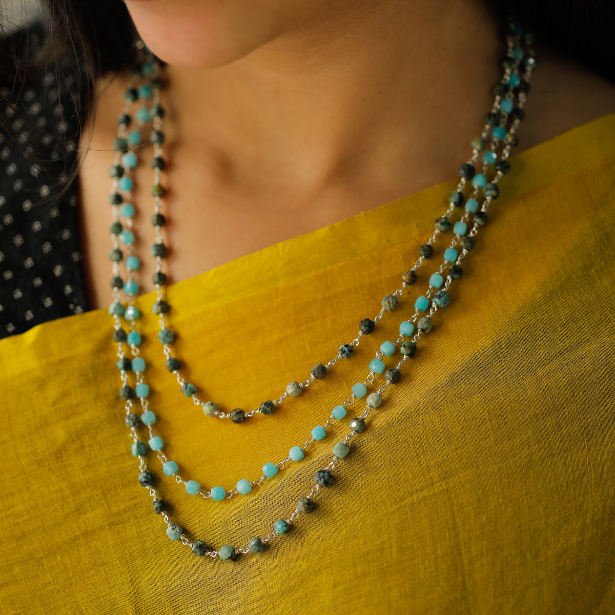 Amazonite & Firoza Stones Layered Silver Necklace