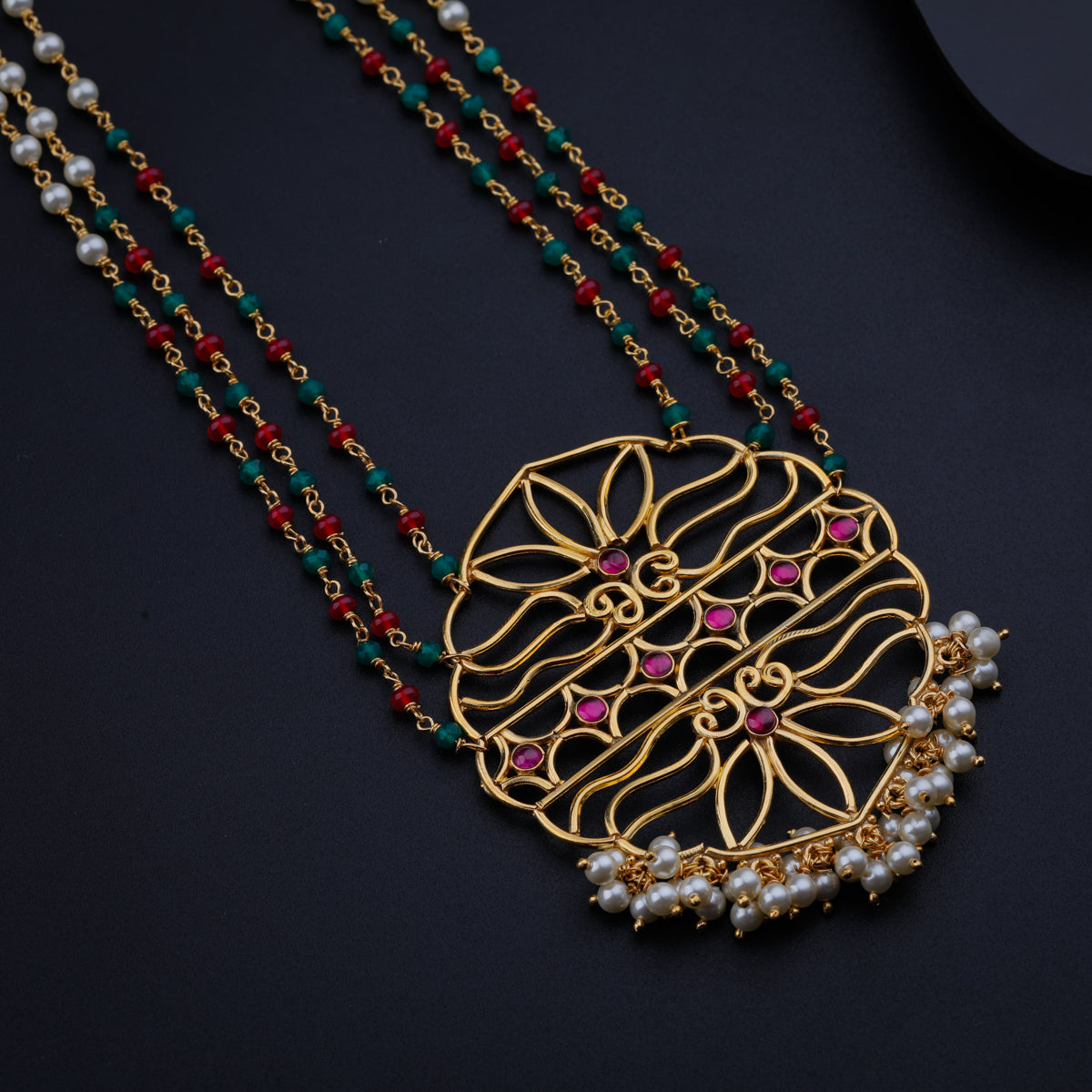 Fliligree Pendant Necklace with Pearls, Ruby and Green Onyx