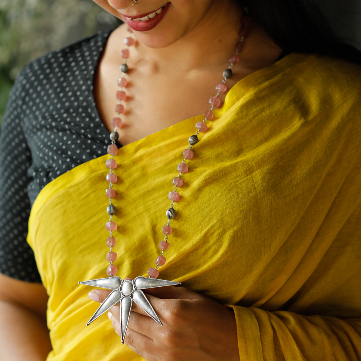 Half Flower Necklace  with Strawberry Quartz Stones