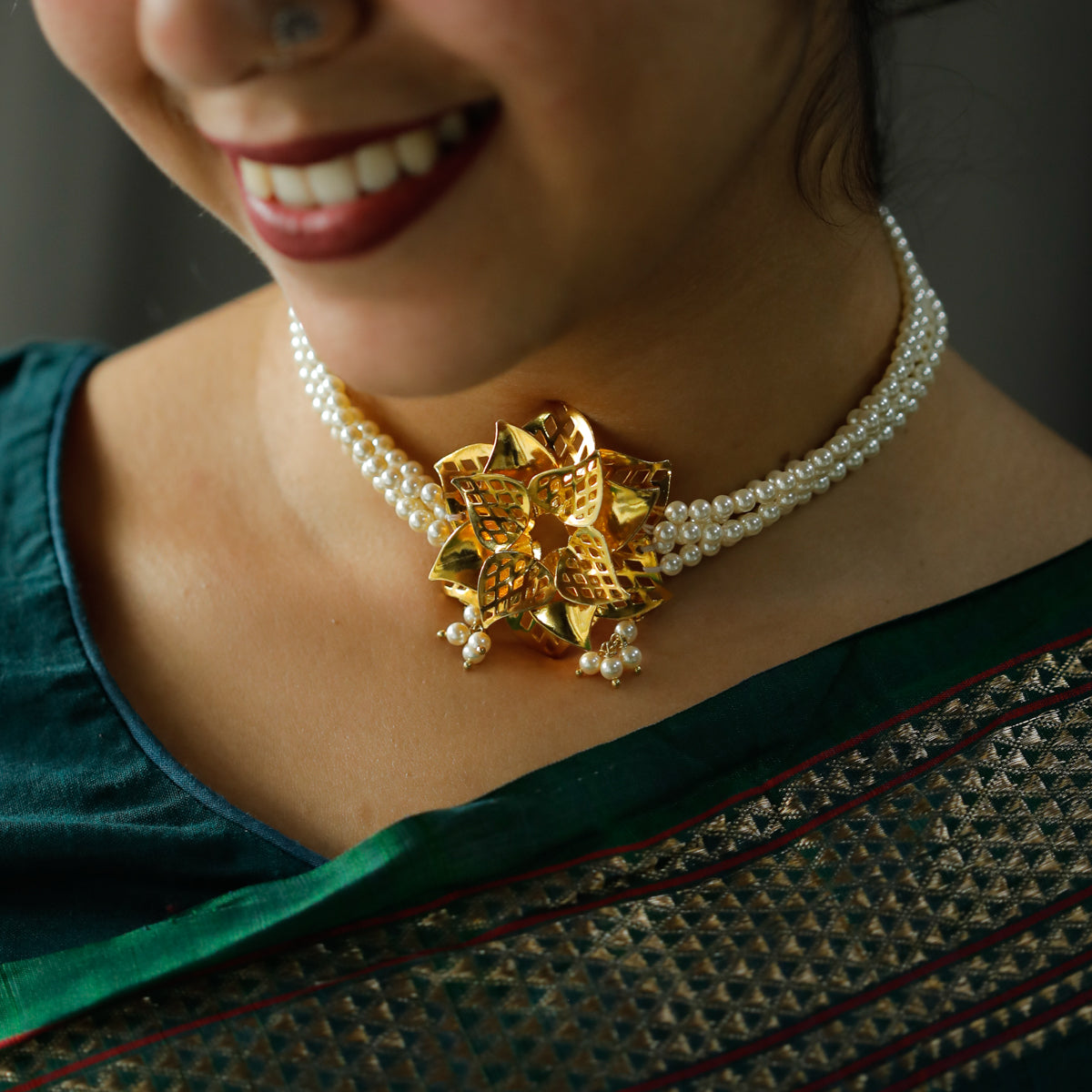 Silver Godavari Gold Plated Motif Choker with Pearls