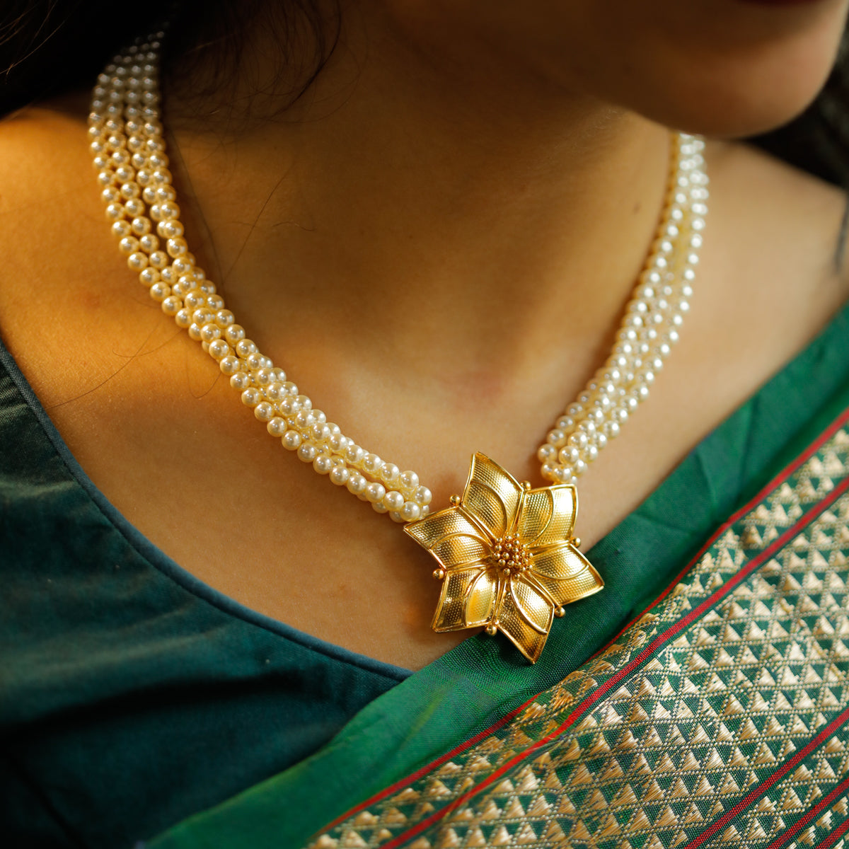 Kusum Motif Pearl Silver Necklace (Gold Plated)