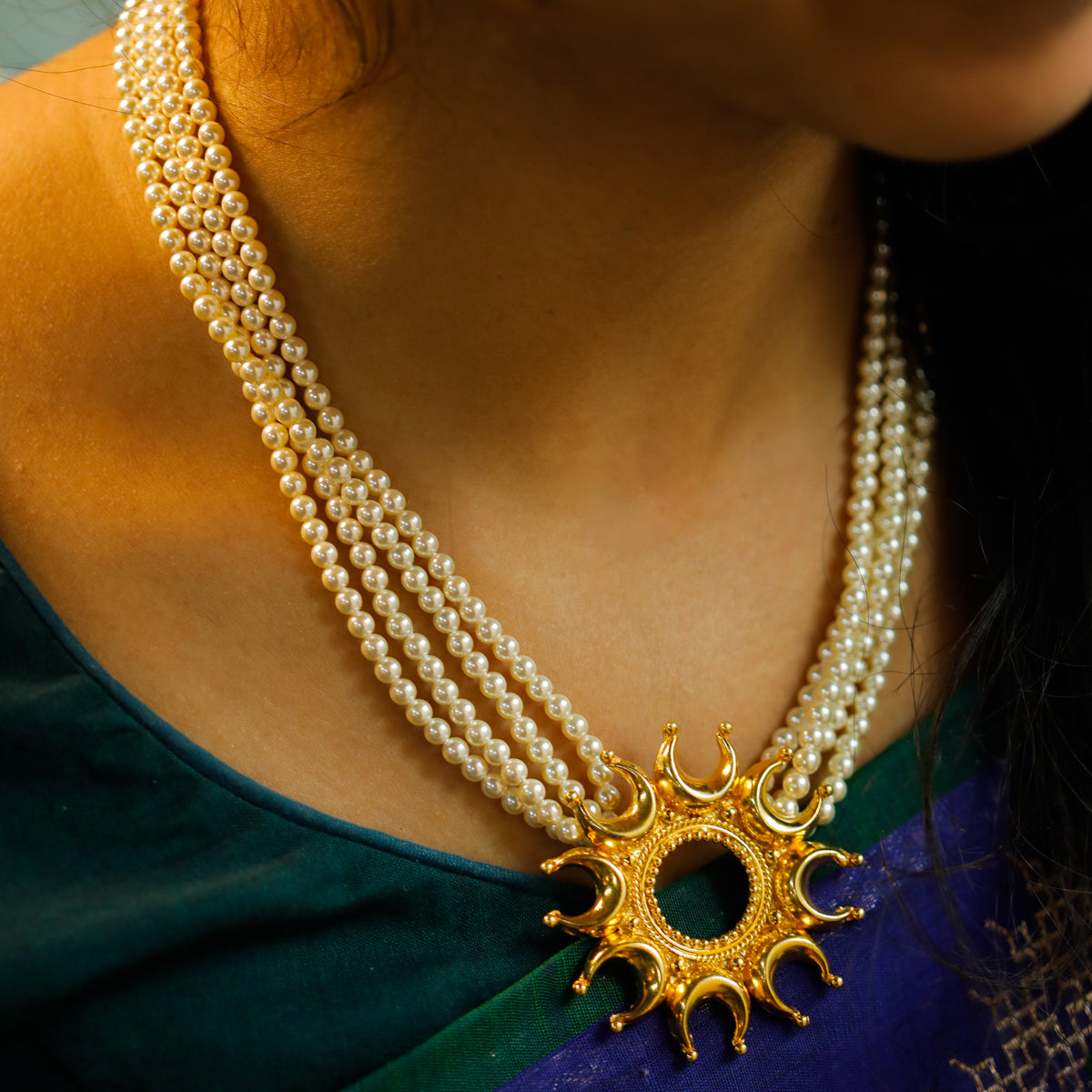 Gold Plated Chandrakor Motif Silver Necklace with Pearls