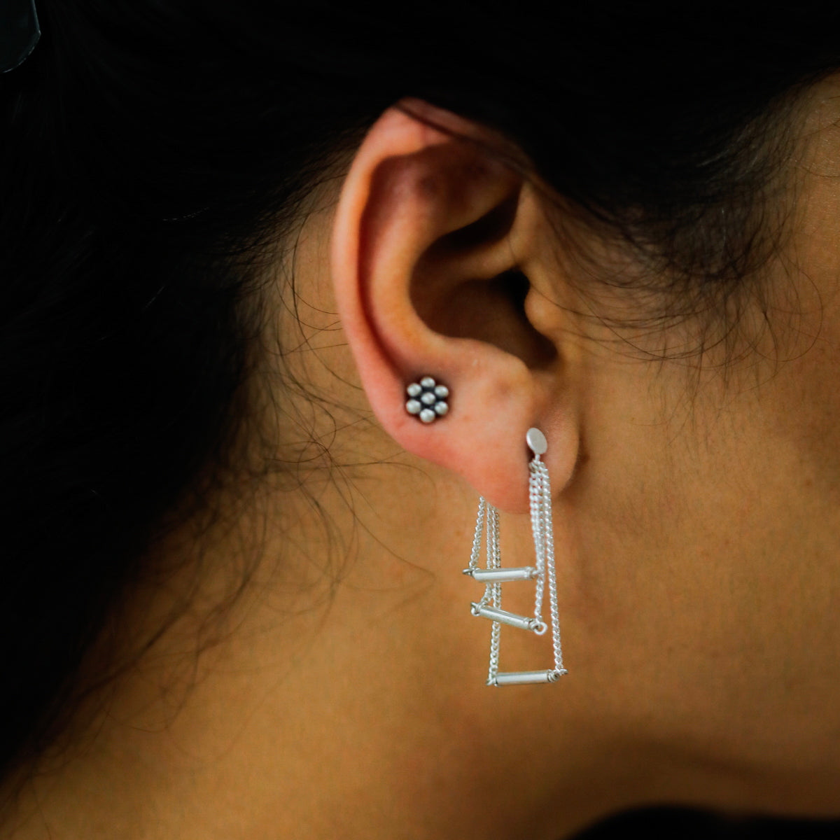 Silver Chain & Pipe Three Layers Earring