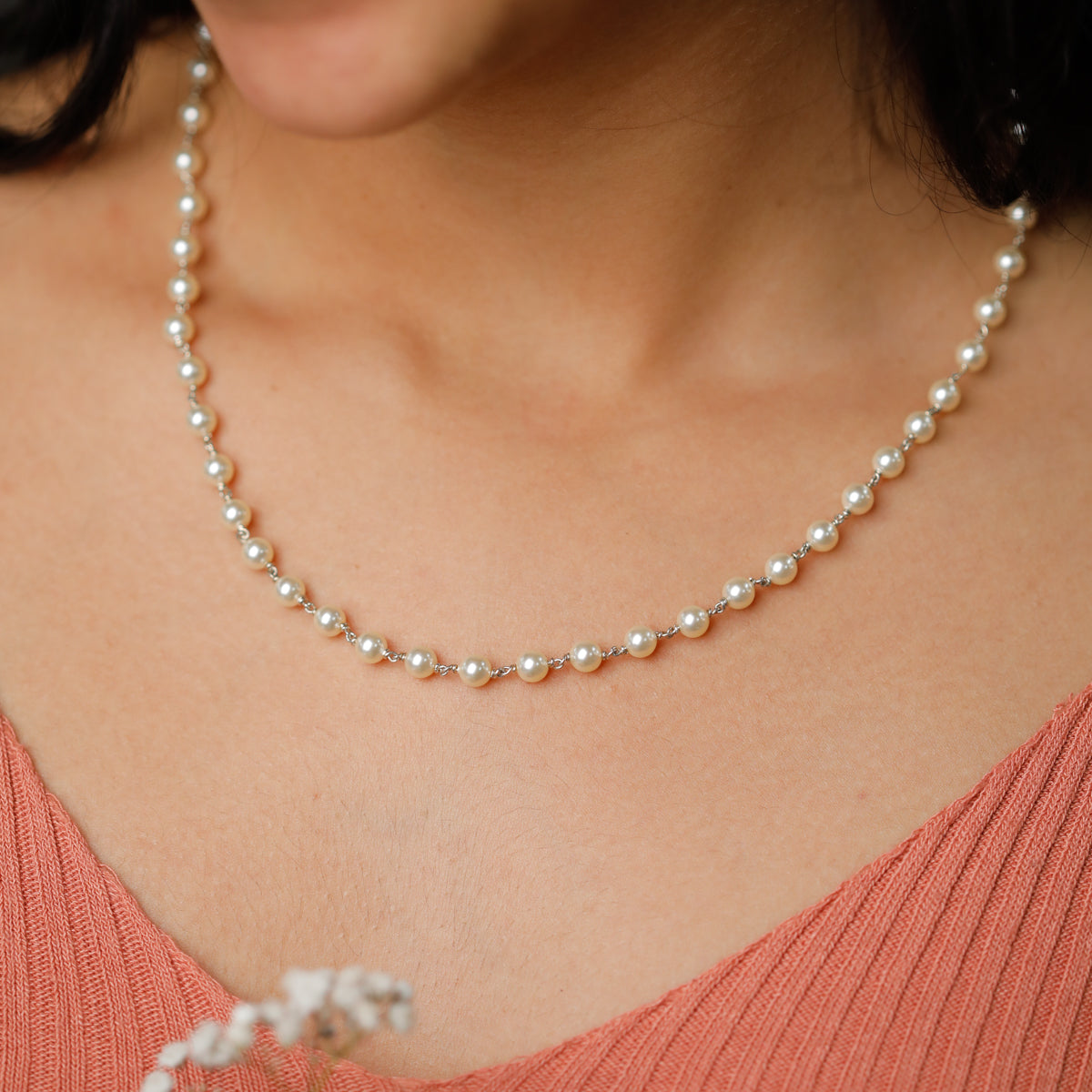 Cream Pearls Silver Chain Necklace