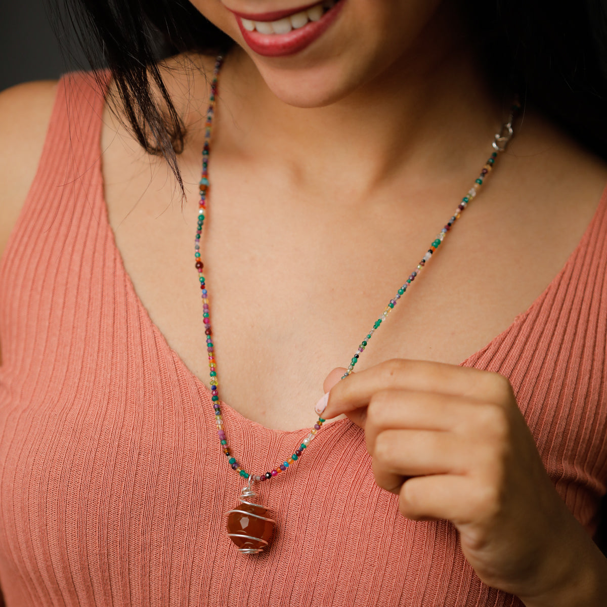 Silver Multicolor Chain with Red Garnet Pendant