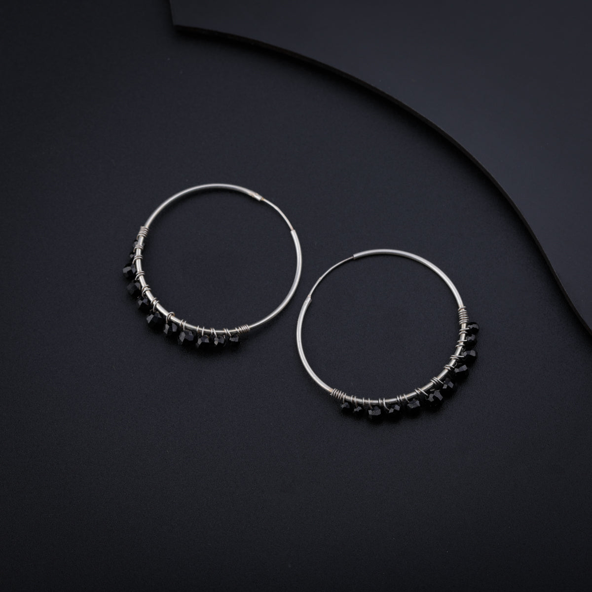 Black Spinel Binded Silver Hoops