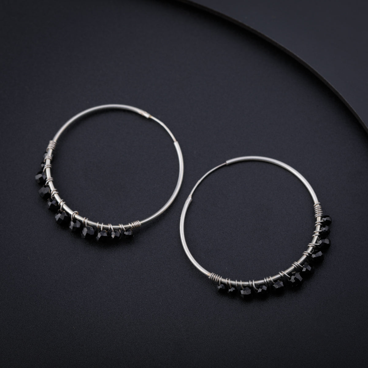 Black Spinel Binded Silver Hoops