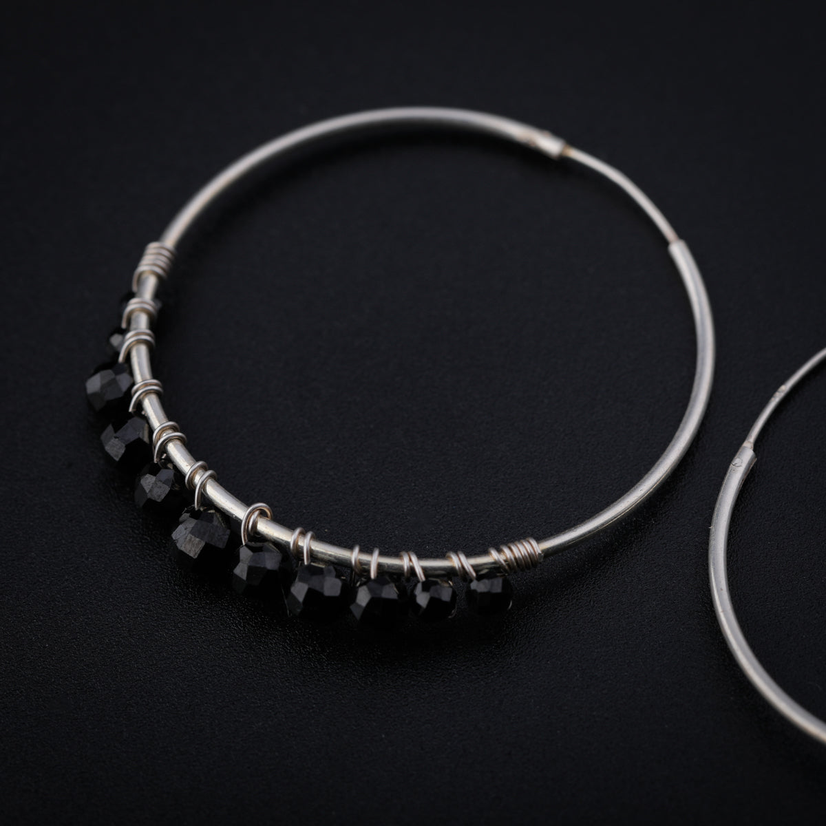 Black Spinel Binded Silver Hoops