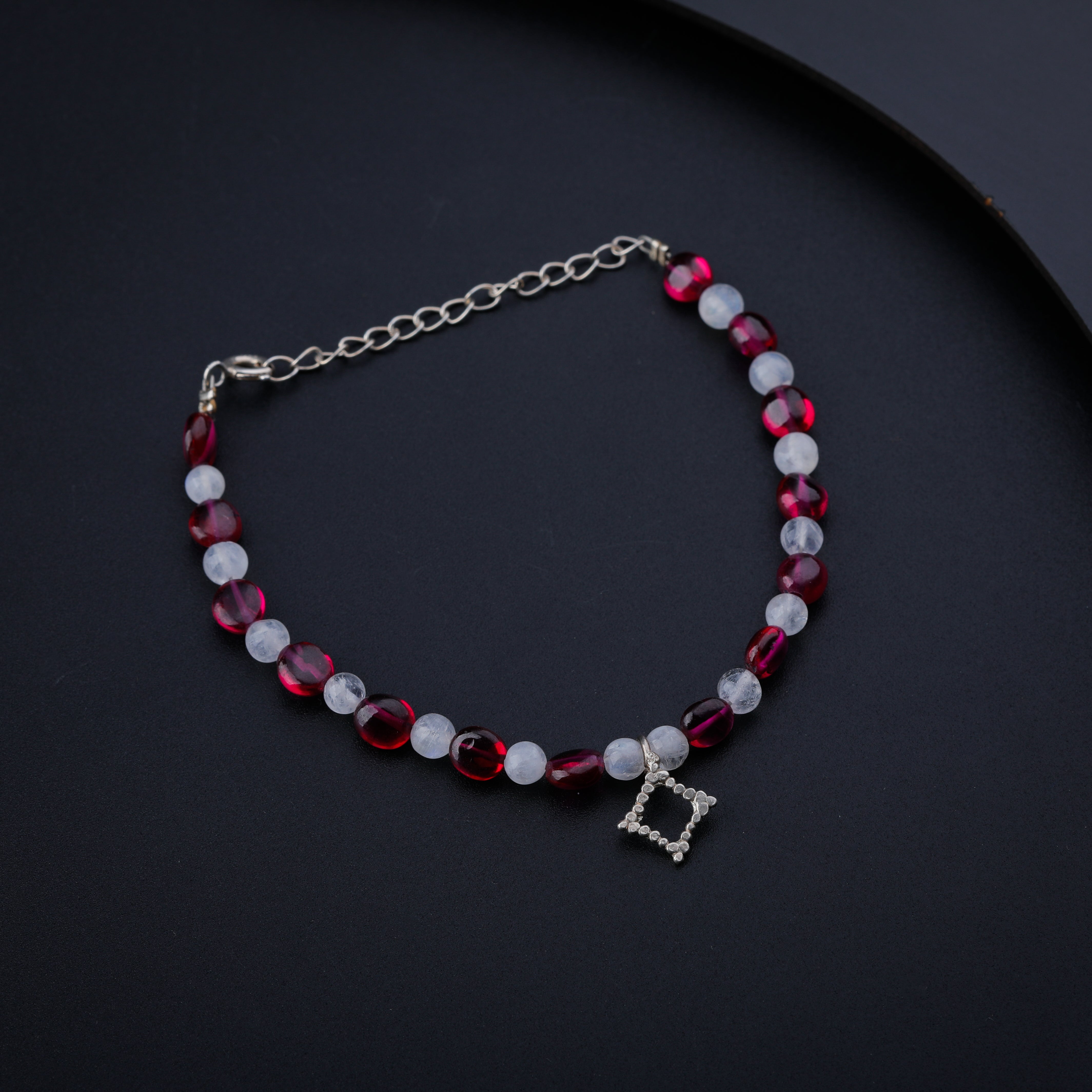 Ruby and Moon Stone Bracelet with Silver Charm