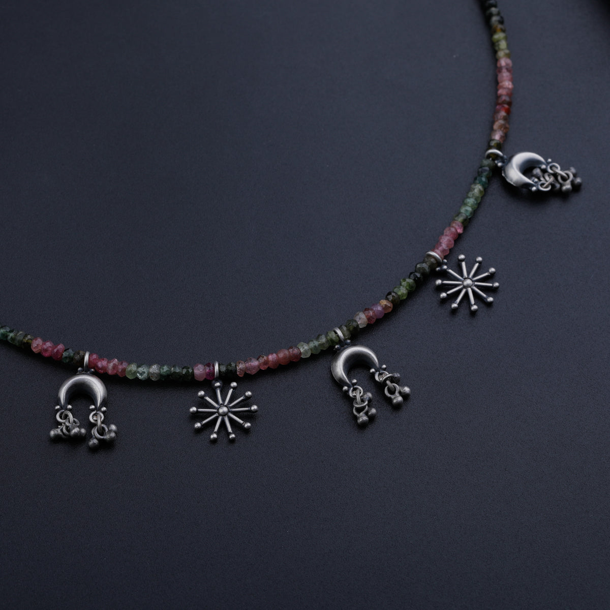 Silver 5 Charm Necklace with Tourmaline