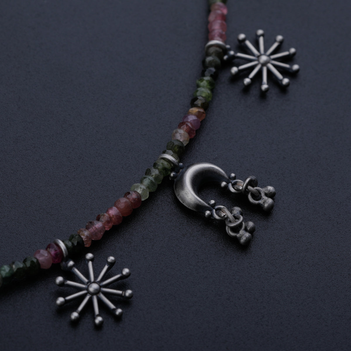 Silver 5 Charm Necklace with Tourmaline