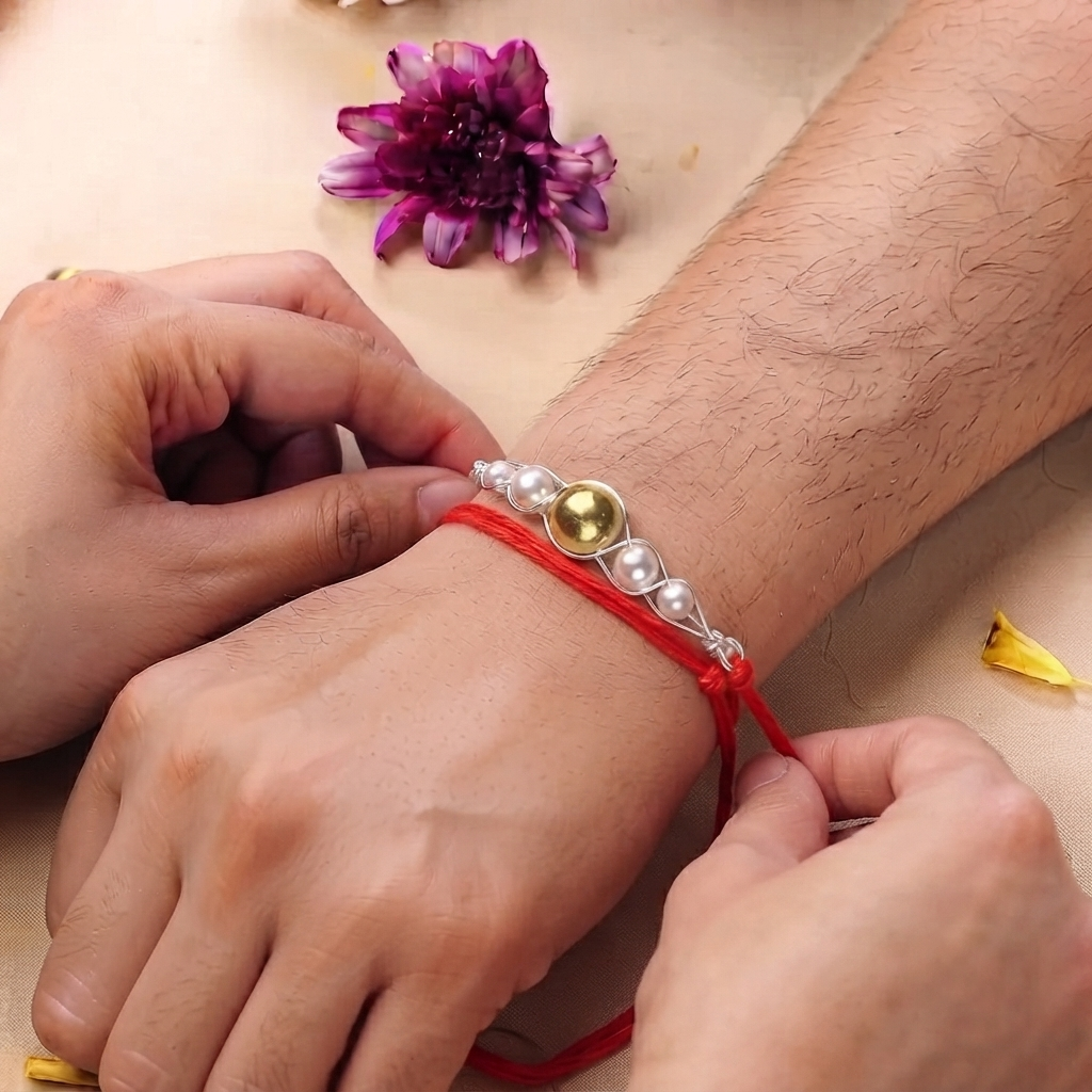 Gold-Plated Silver Bead & Pearl Wrapped Rakhi (Project Handmade)