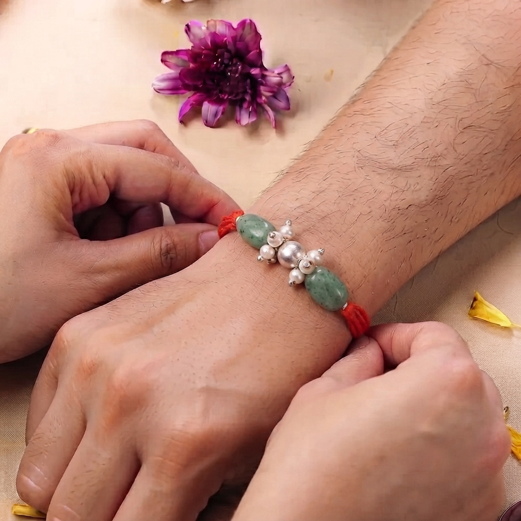 Silver Bead, Russian Quartz & Pearl Bunch Rakhi (Project Handmade)