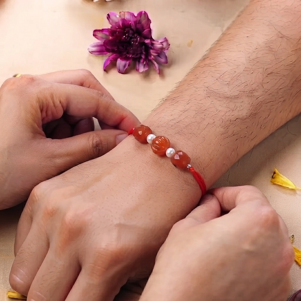 Carnelian & Freshwater Pearl Rakhi (Project Handmade)