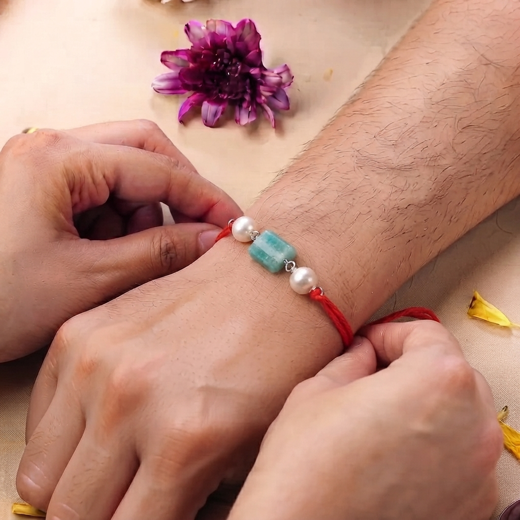 Amazonite & Pearl Rakhi (Project Handmade)