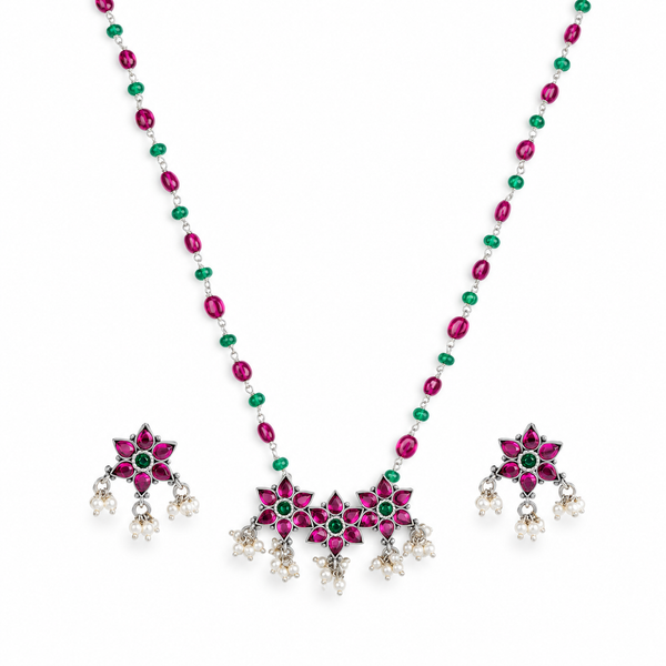 Silver Bageecha Flower Set with Rubies & Green Onyx