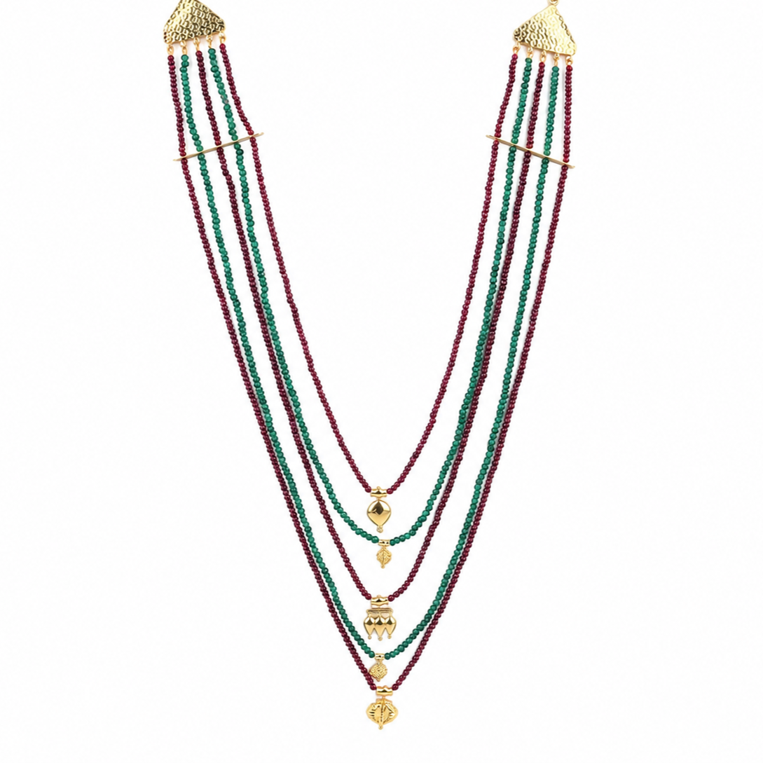 Saaj Motif Satlada Inspired Necklace with Garnets and Green Onyx Stones | 5 Layered | 92.5 Silver | 22K Gold Plated