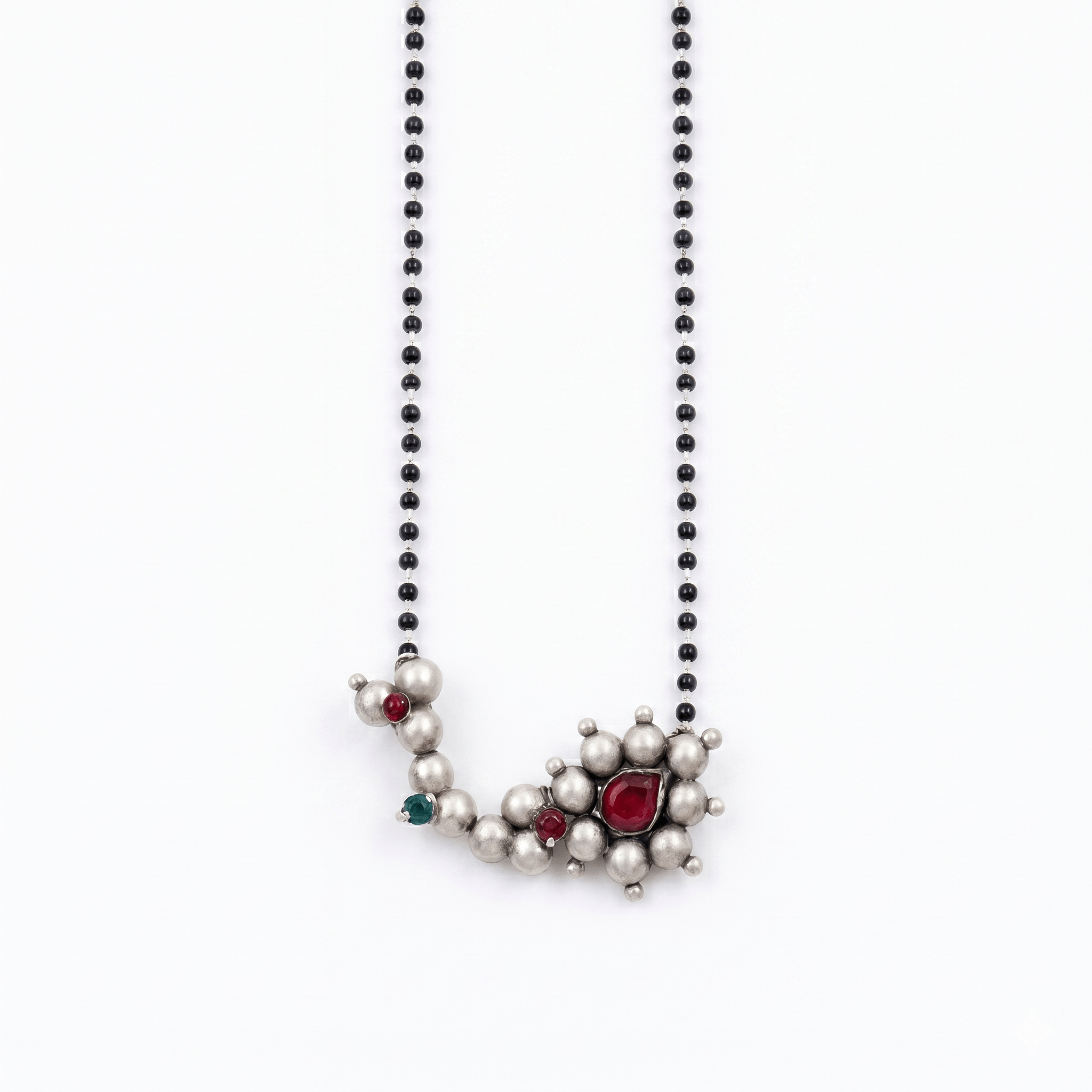 Silver Beaded Necklace with Red and Green Gemstones