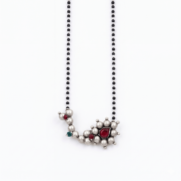 Silver Beaded Necklace with Red and Green Gemstones