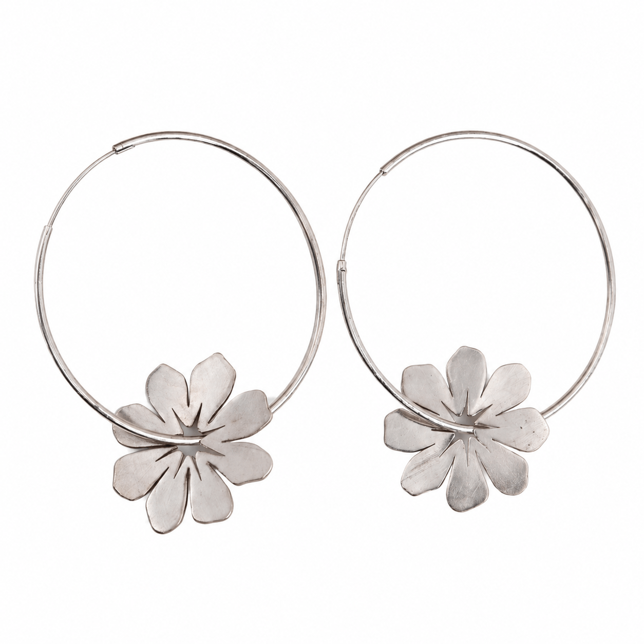 Silver flower hoop earrings for women