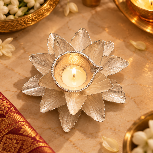 Silver Layered Floral Diya