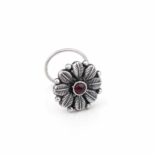 Silver Nose Pin with Red Stone, handcrafted in 92.5% sterling silver, featuring a floral design with a central red gemstone for elegant body jewelry.
