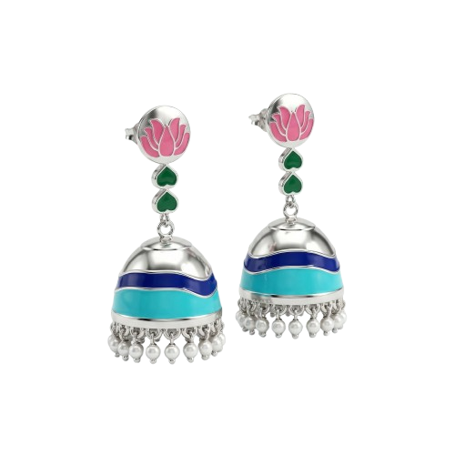 Silver Enamel Lotus Jhumka Earrings