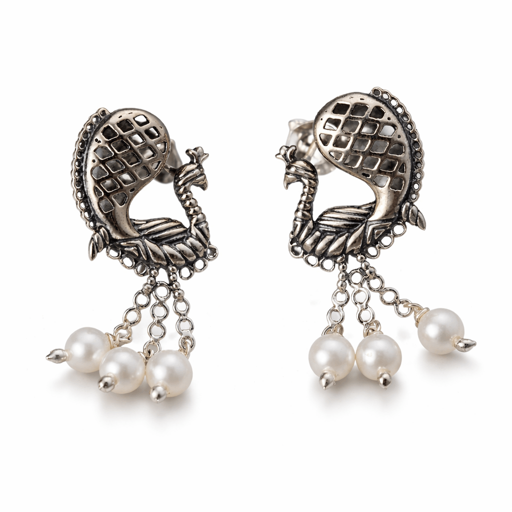 Silver Peacock Earrings with Pearls, traditional jewelry with peacock motif and freshwater pearls