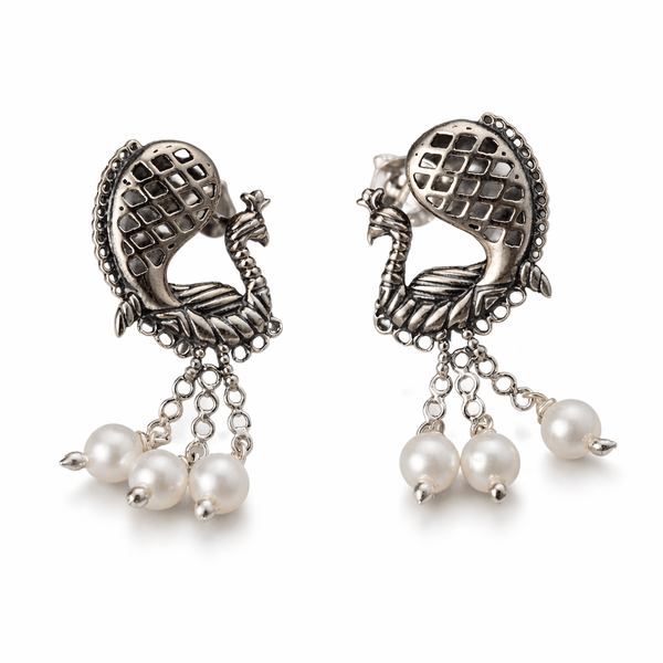 Silver Peacock Earrings with Pearls, traditional jewelry with peacock motif and freshwater pearls
