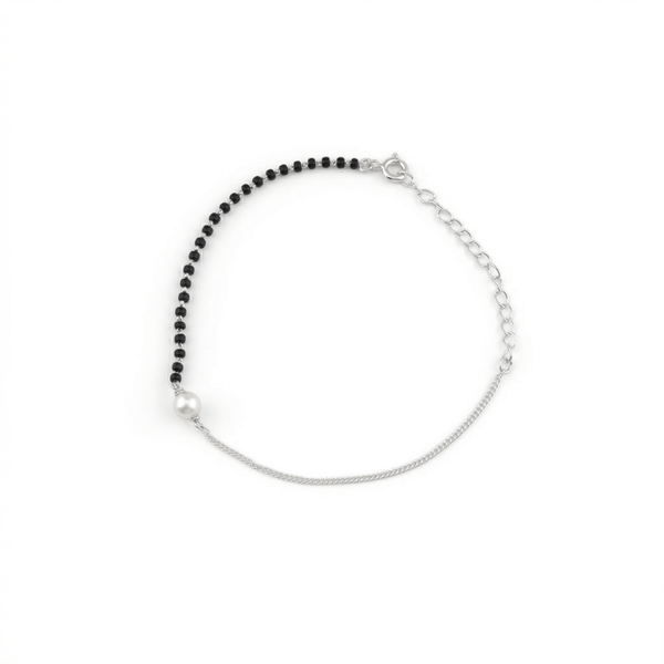 Silver pearl mangalsutra bracelet with black beads and chain
