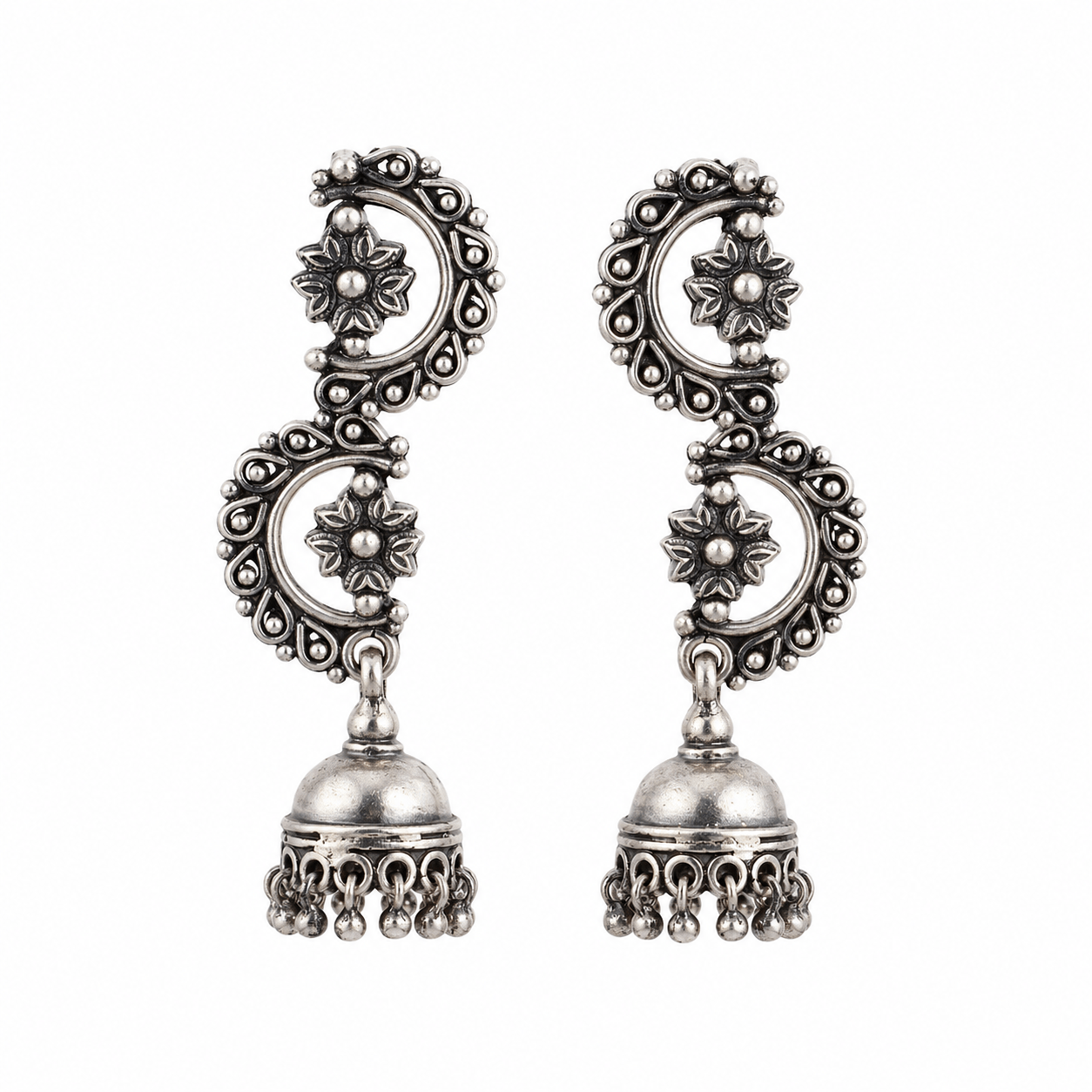 Sterling silver statement filigree Vel Jhumki earrings with floral motifs and dangling bell-shaped charms