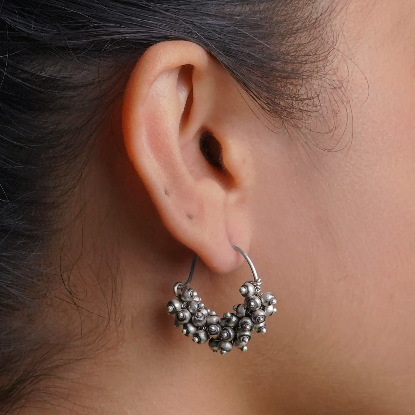 Oxidised Silver Bead Bunch Hoop Earrings