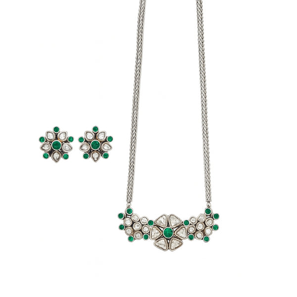 Silver jewelry set with green and clear stones for women