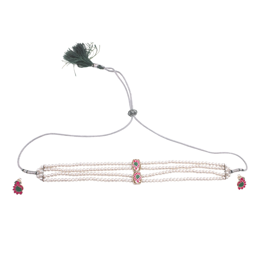 Silver Meena Pendant Choker set with Pearls