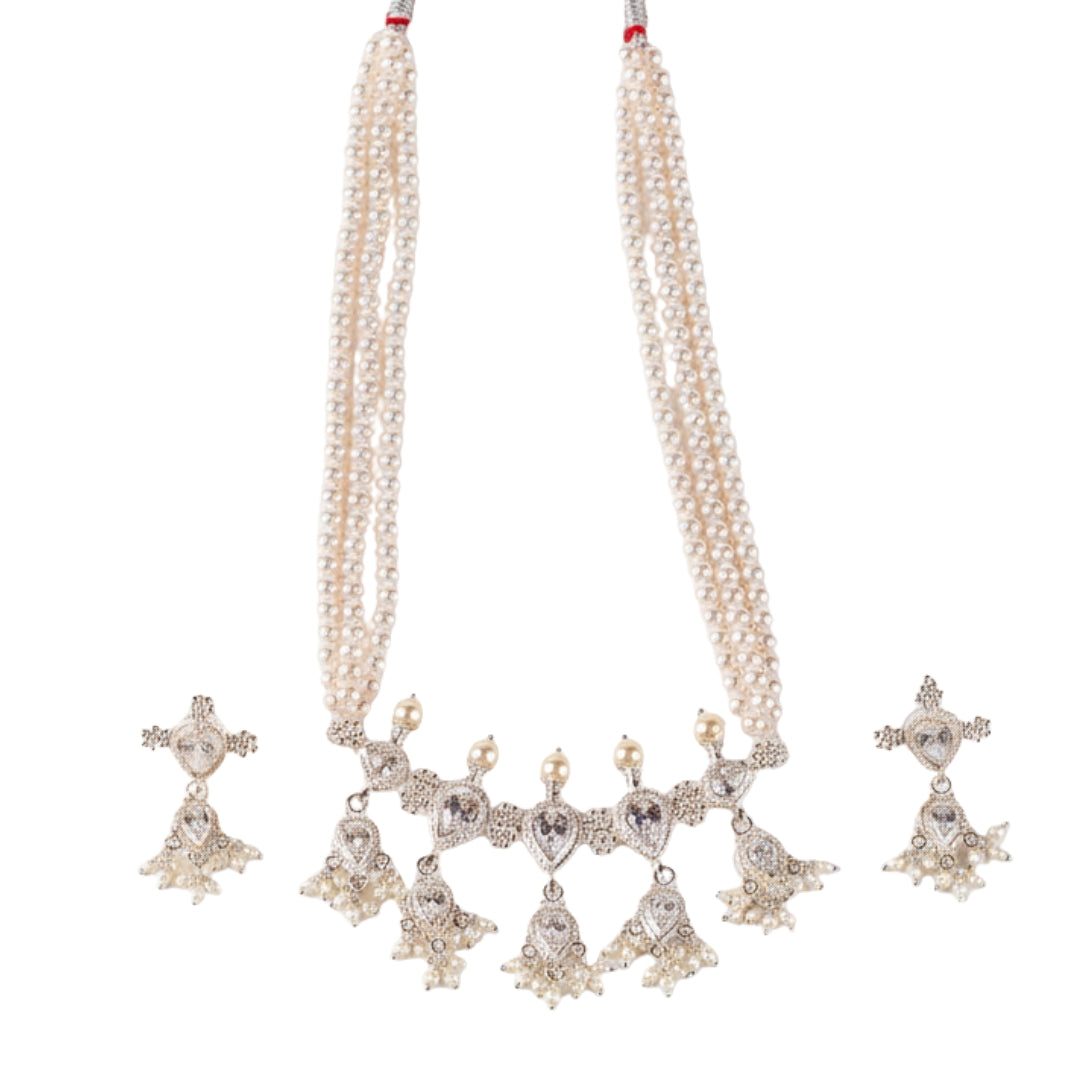 Silver CZ Kudi Tanmani Set with Pearls (5 Leaf)