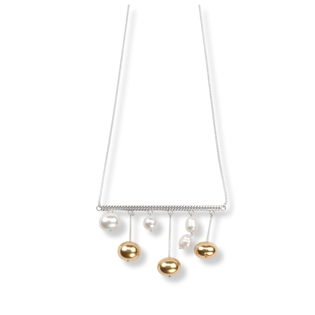 Abstract Pendant Necklace - White And Golden Pearls (Project Handmade)